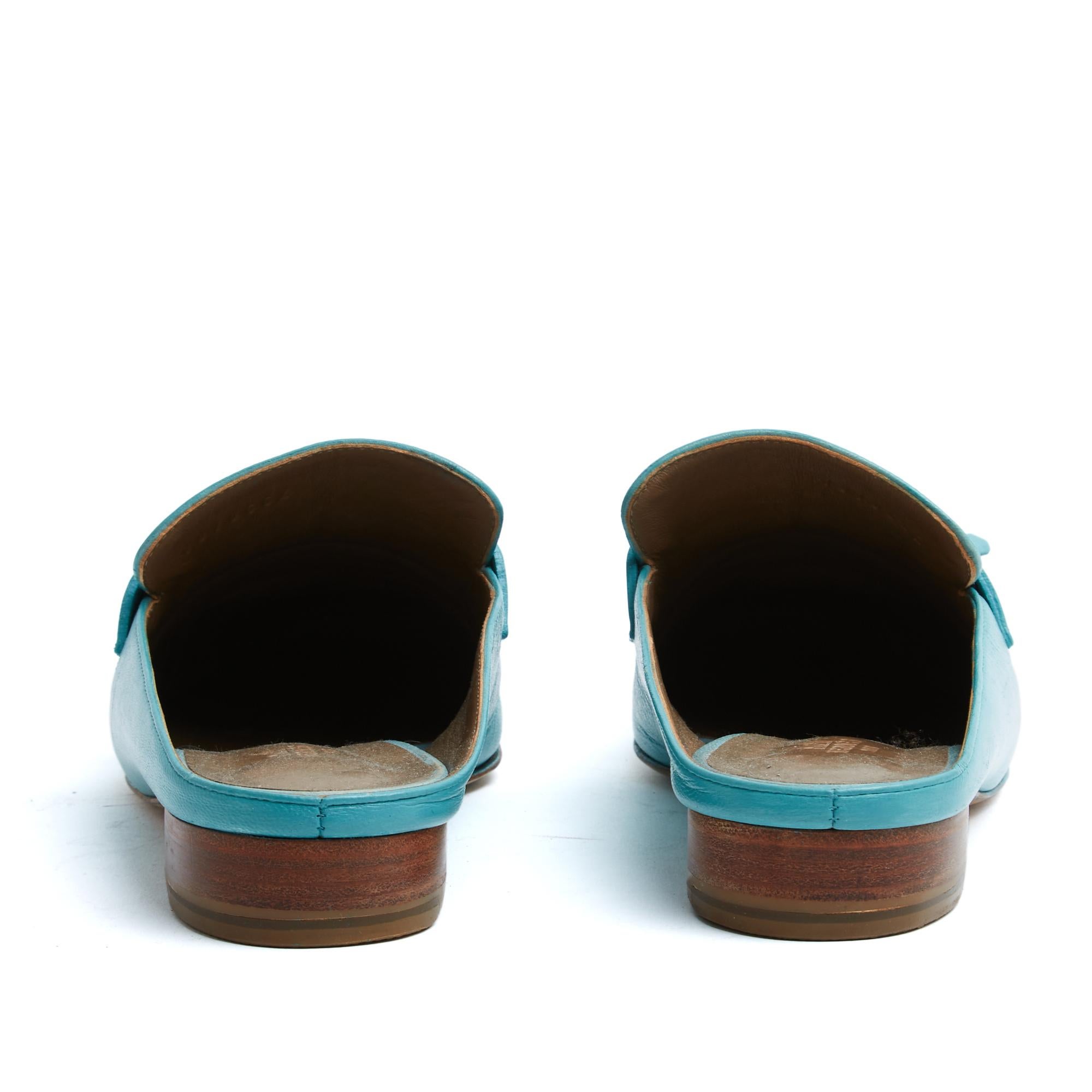 Hermès Mules EU36.5 Rivoli Mules plates en cuir bleu turquoise UK4 US6 Hermès Bon état - En vente à PARIS, FR
