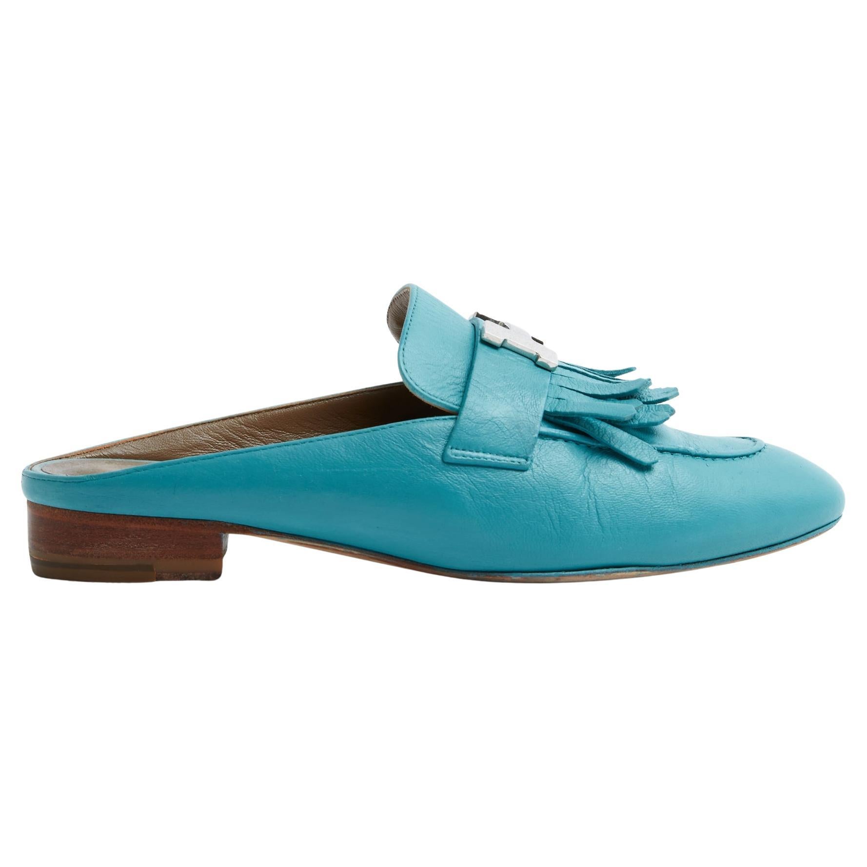 Hermès Mules EU36.5 Rivoli Mules plates en cuir bleu turquoise UK4 US6 Hermès en vente