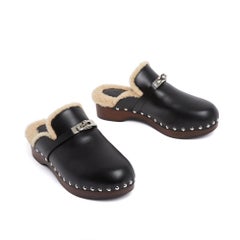 Hermès Mules Sabots Carlotta EU39 Black Leather Shearling Clogs UK6 US8.5 Hermes