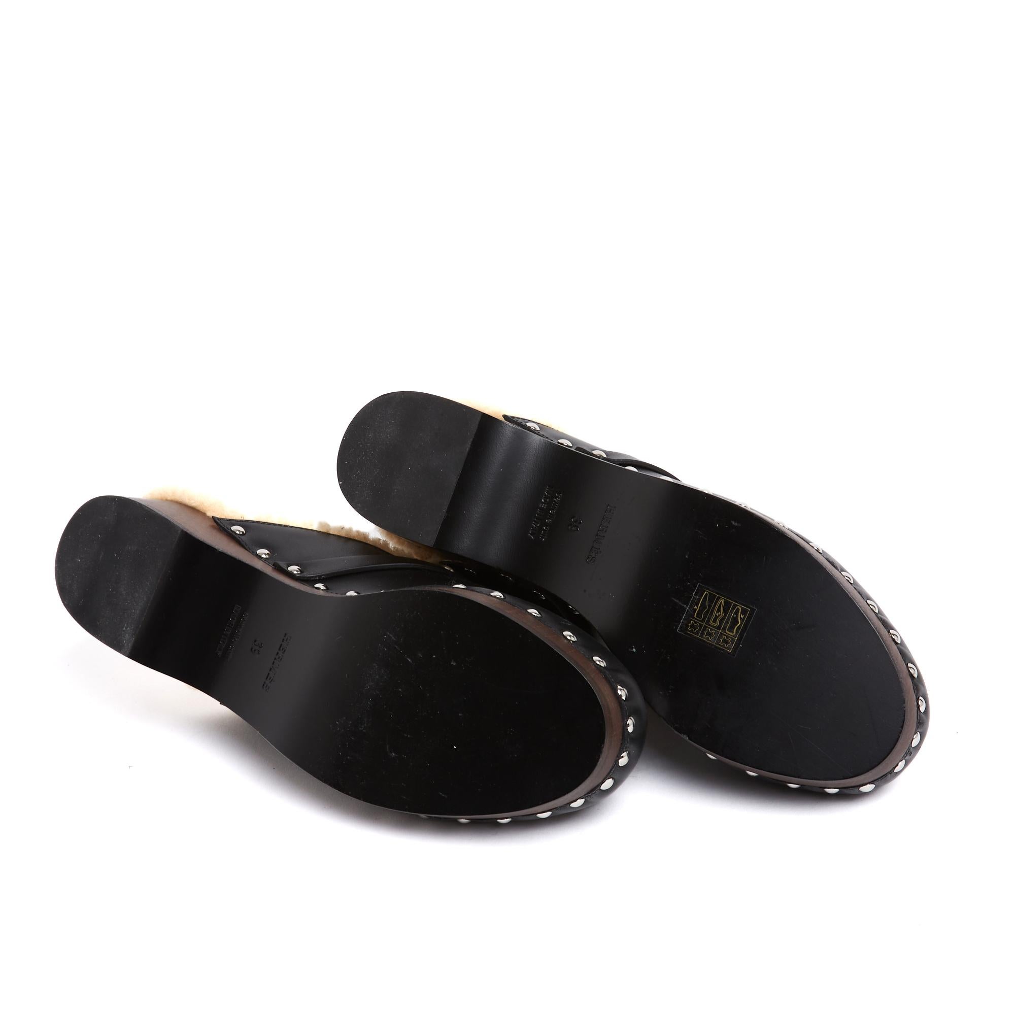 Hermès Mules Sabots Carlotta EU39 Black Leather Shearling Clogs UK6 US8.5 Hermes For Sale 1