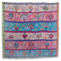 Hermes multi AU PAYS DES OISEAUX FLEURS 140 Scarf silk cashmere Chine Rose Bleu