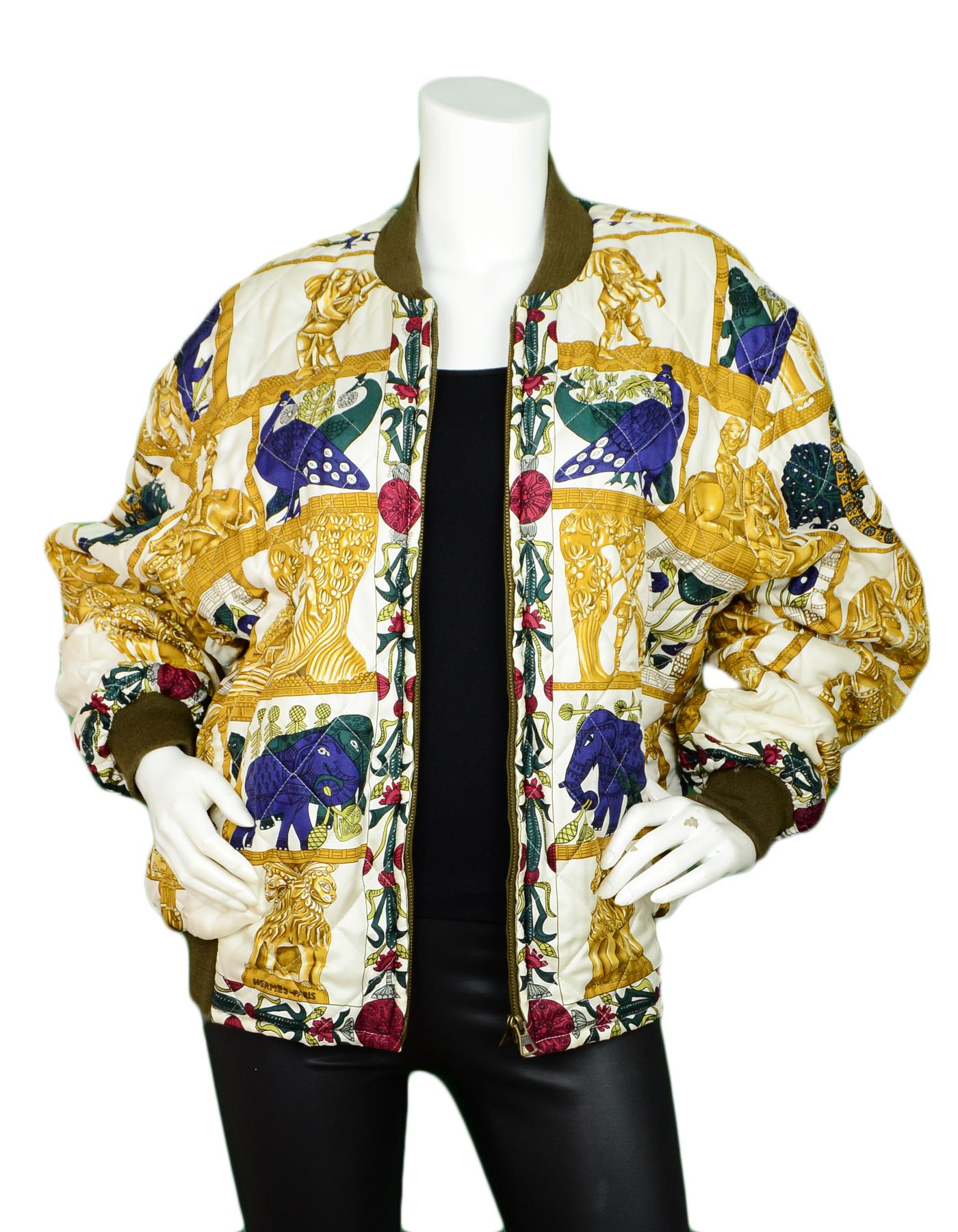 Hermes Multi-Color Silk Printed Green Reversible Bomber Jacket sz FR46/US14

Made In: France
Color: Multicolor, White, Green
Materials: 100% Silk
Lining: 85% Polyester,15% Nylon
Opening/Closure: Front zipper
Overall Condition: Excellent pre-owned