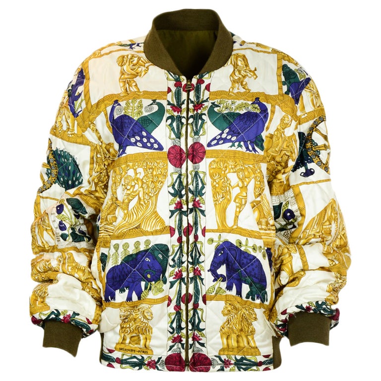 Hermes MultiColor Silk Printed Green Reversible Bomber Jacket sz FR46