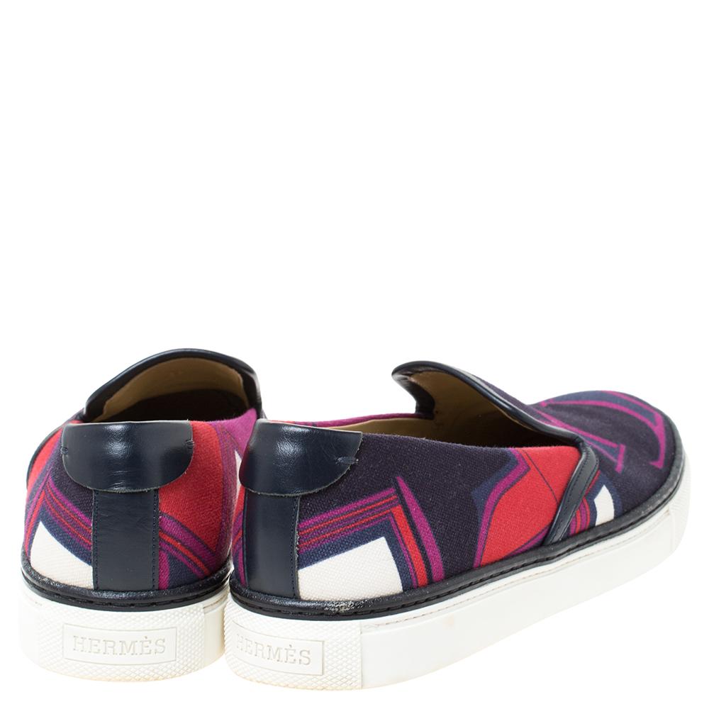 Black Hermes Multicolor Abstract Print Canvas Slip On Sneakers Size 38