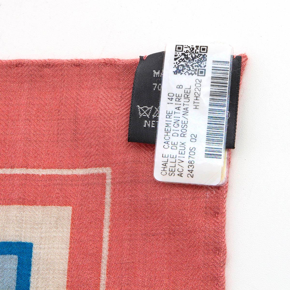 HERMES multicolor cashmere SELLE DE DIGNITAIRE BANDANA 140 Scarf Vieux Rose Natu 1