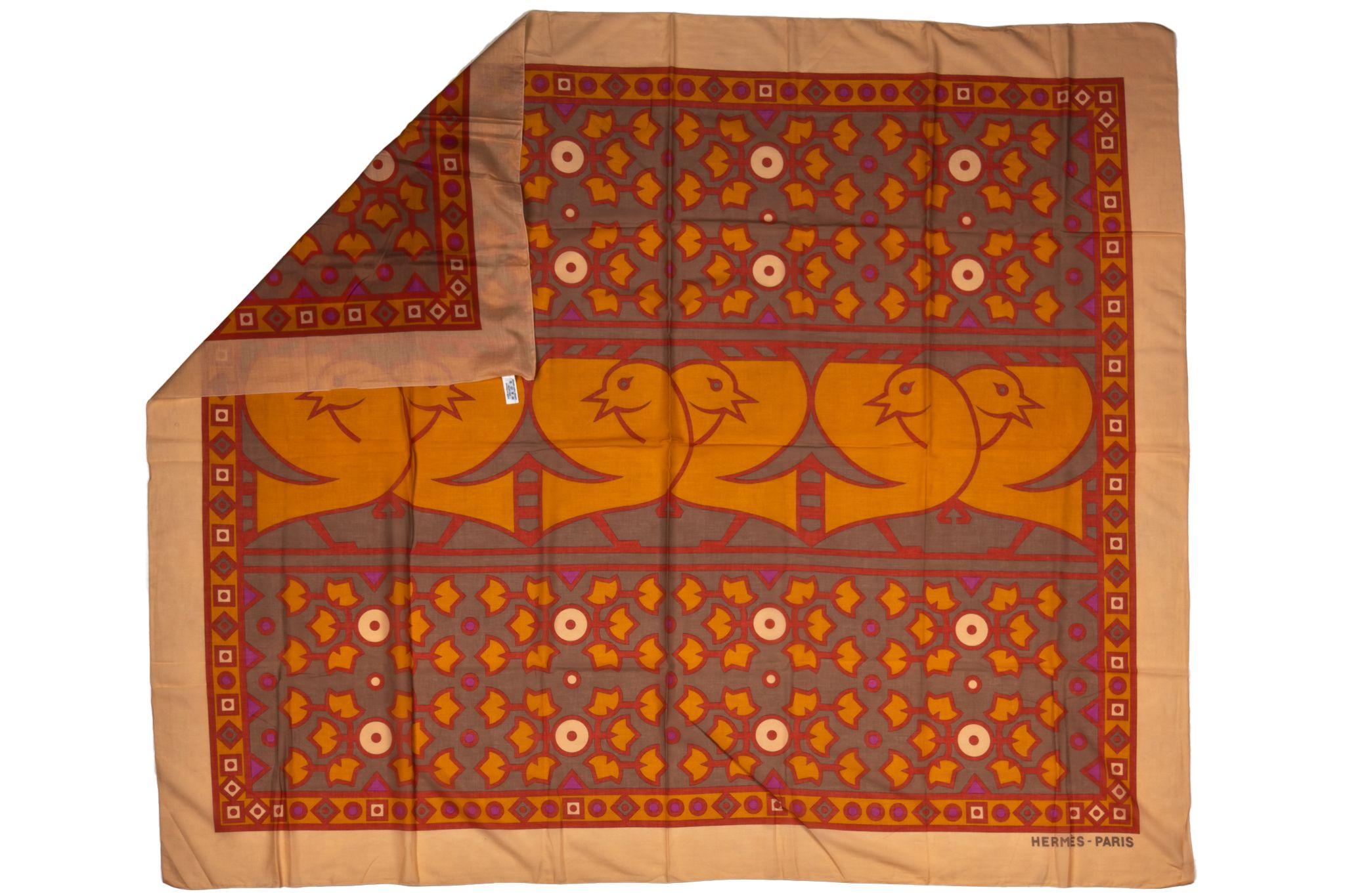 Hermès Multicolor Silk cotton sarong with a pattern of birds in the center and geometric frame. The piece is in excellent condition.  Stamp S on label.