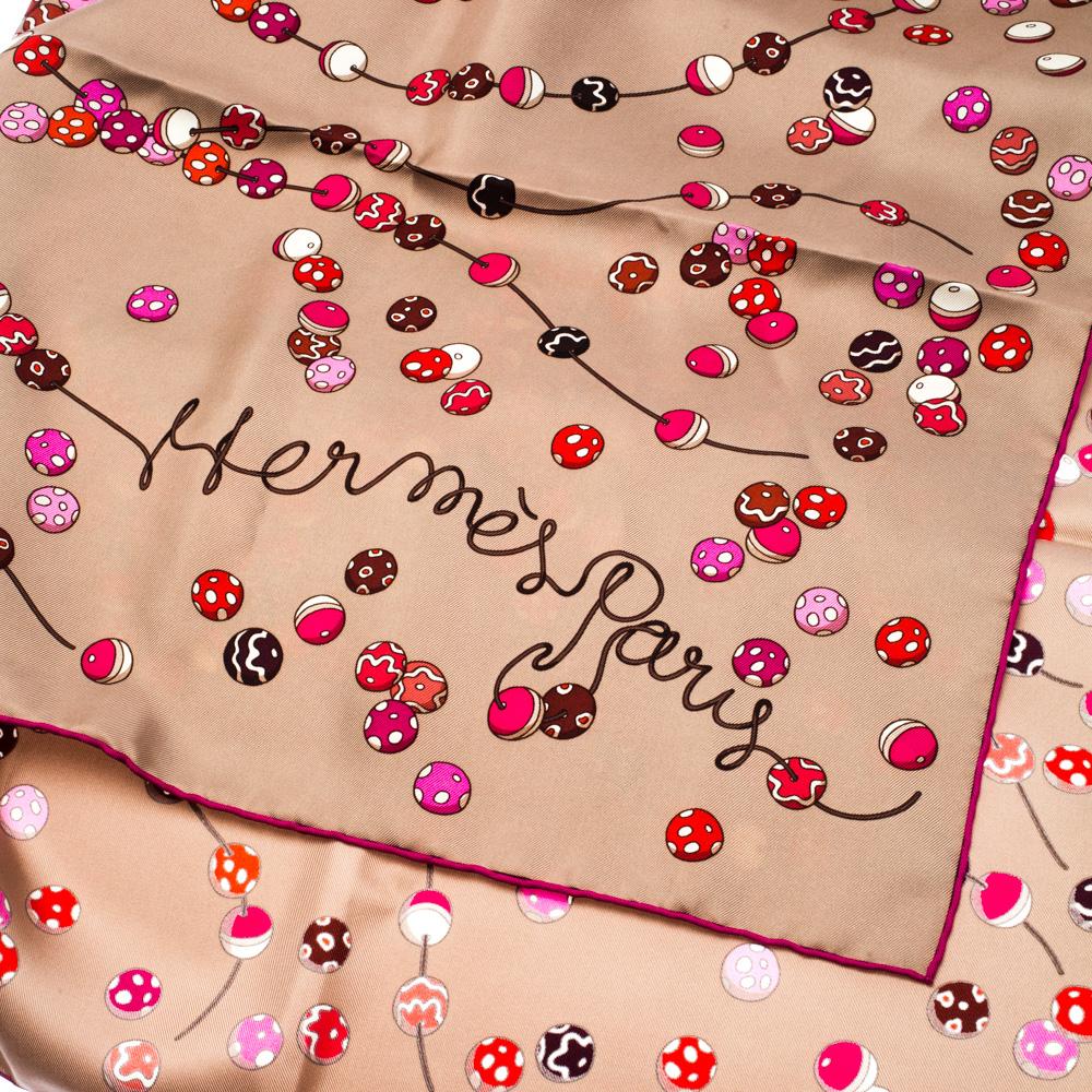 Brown Hermes Multicolor Dancing Pearls Printed Silk Scarf