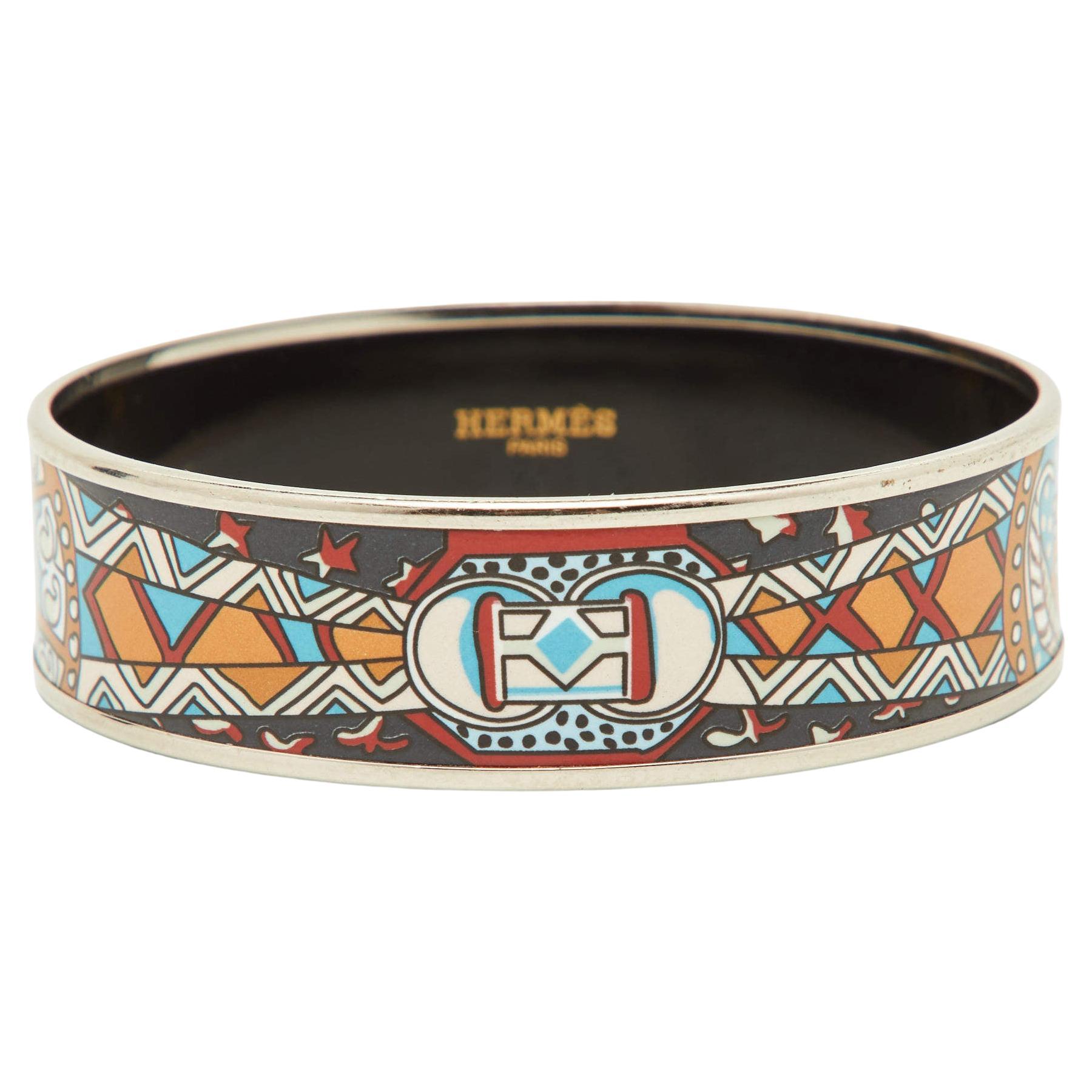 Hermes Multicolor Enamel & Palladium Plated Metal Rim Bangle