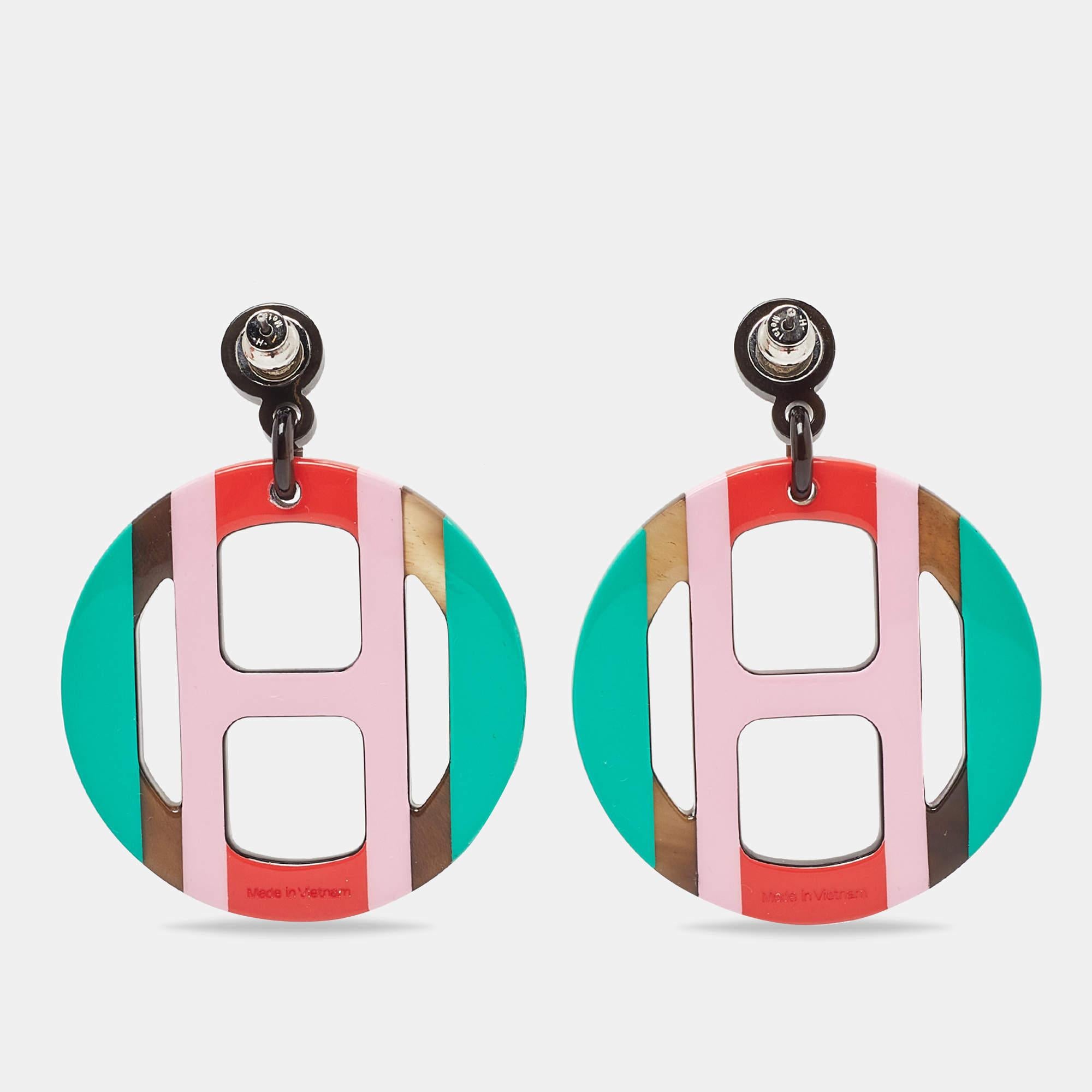 Contemporary Hermès Multicolor Horn & Lacquer H Equipe Earrings