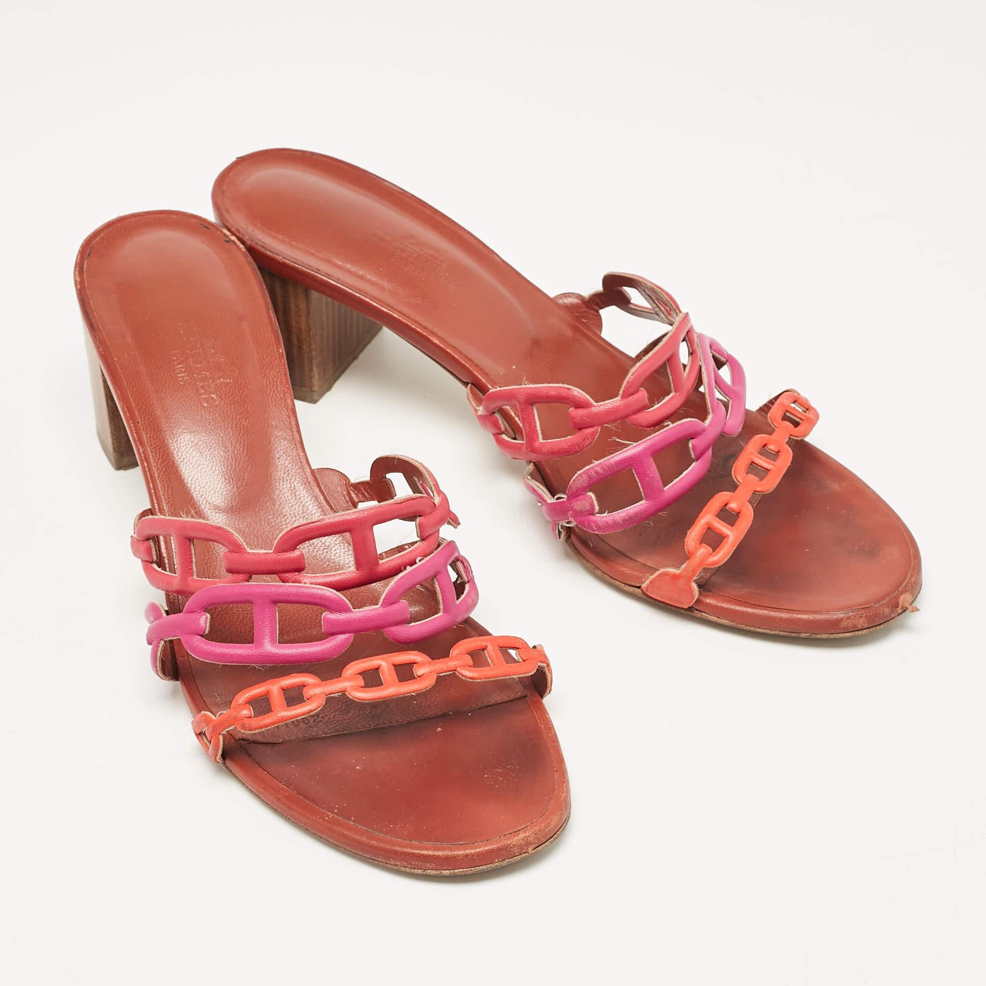 Hermes Multicolor Leather Chaine D'Ancre Block Heel Sandals Size 38.5 In Good Condition In Dubai, Al Qouz 2