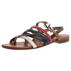 Hermes Multicolor Leather Marine Strappy Flat Sandals Size 39