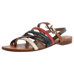 Hermes Multicolor Leder Marine Riemchen flache Sandalen Größe 39