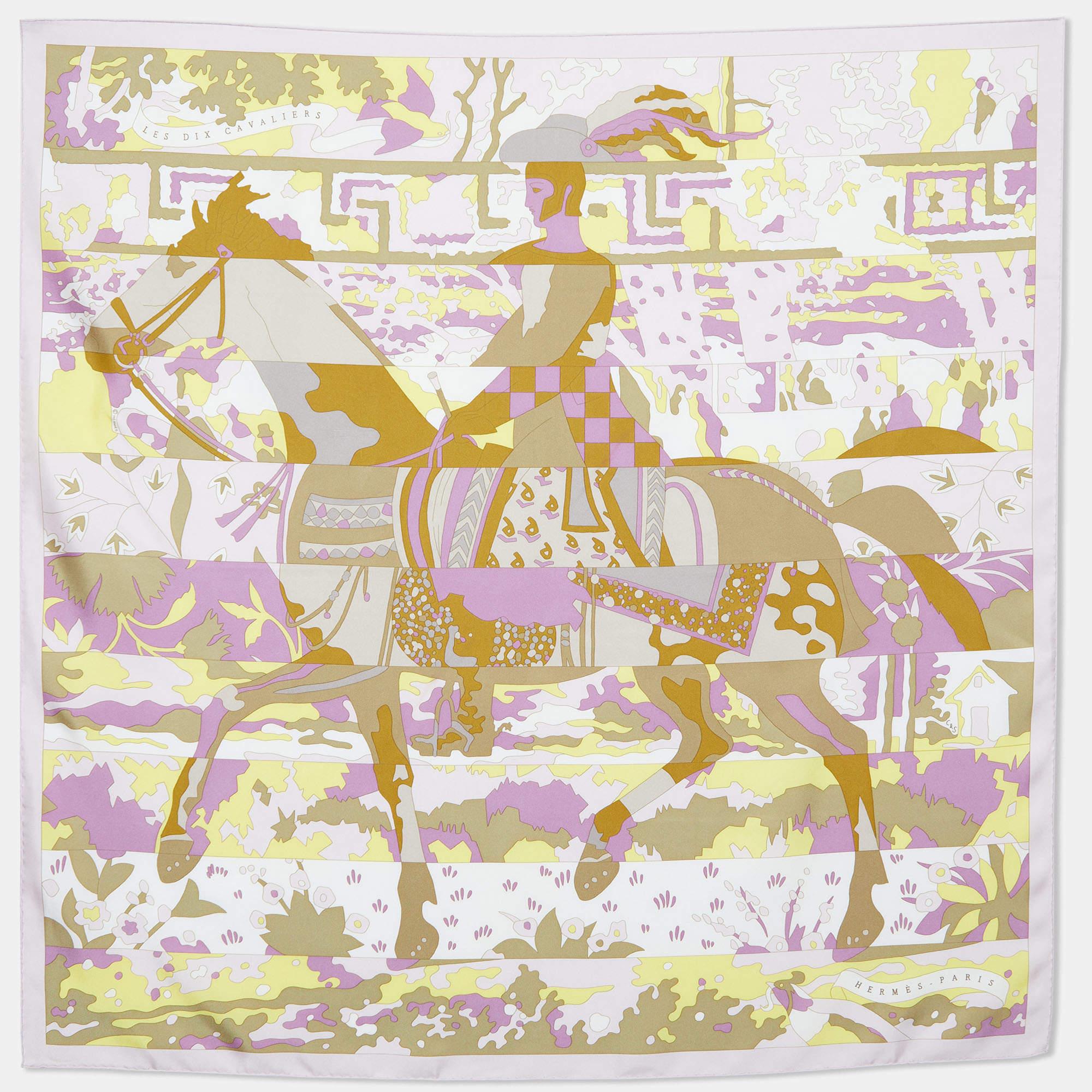 Beige Hermès Multicolor Les Dix Cavaliers Printed Silk Square Scarf For Sale