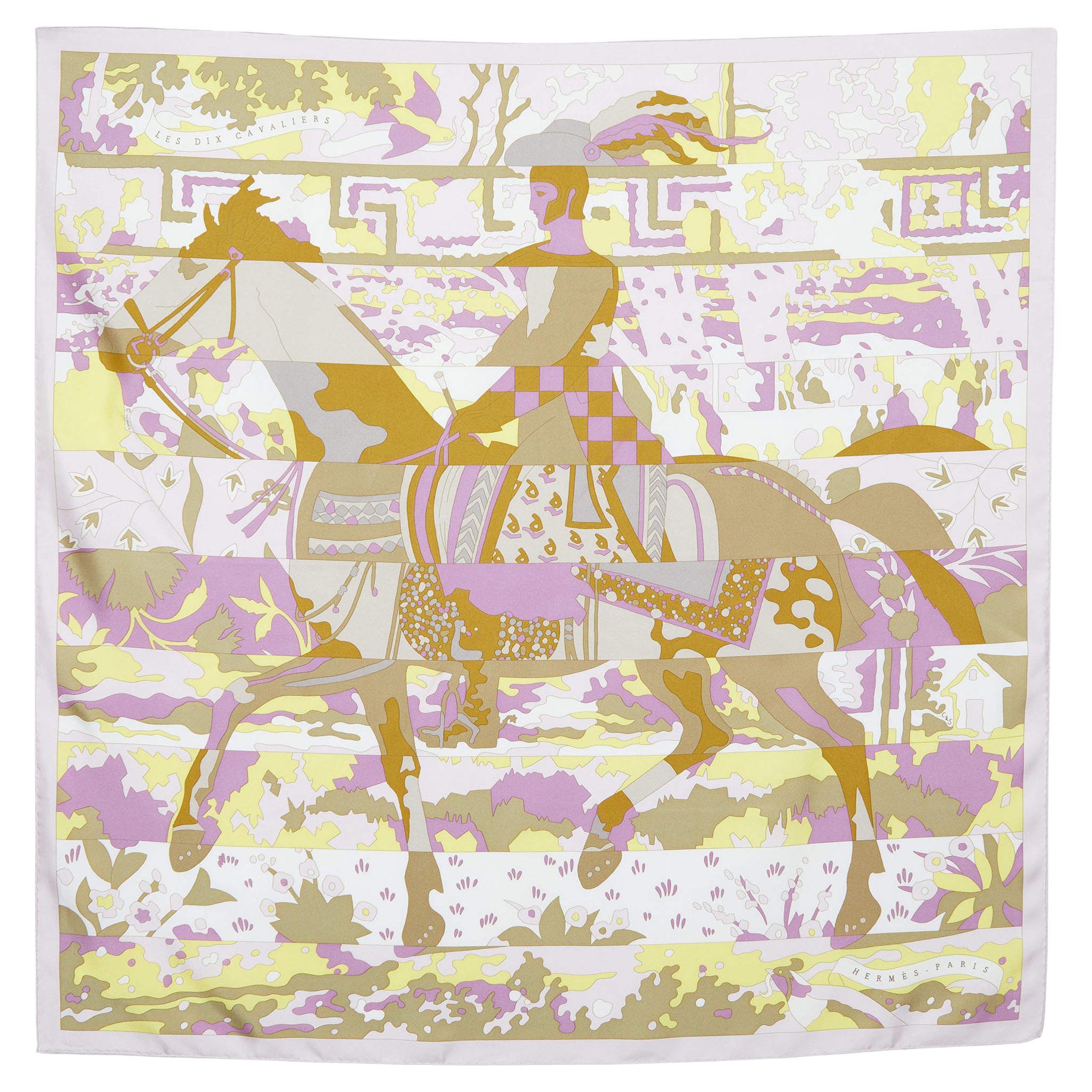 Écharpe carrée en soie imprimée Les Dix Cavaliers Multicolore Hermès en vente