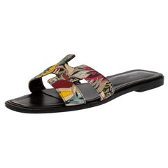 Hermes Multicolor Modernisme Tropical Print Canvas Oran Flat Slides Size 38