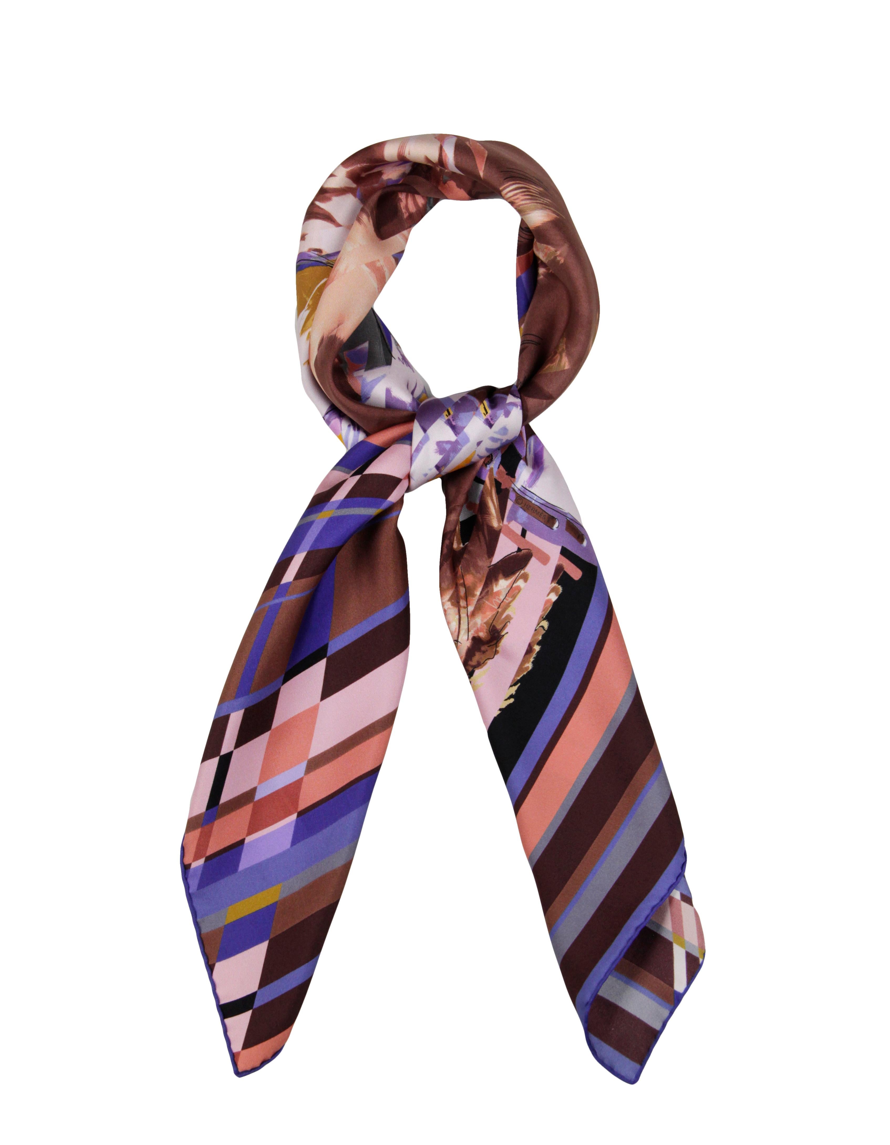 Hermes Multicolor Photo Finish 90cm Silk Scarf Designed by Dimitri Rybaltchenko

Made In: France
Color: Multicolor- pink, black, brown, blue, purple
Materials: 100% Silk
Overall Condition: Very good. Small pull (see photo) and missing composition