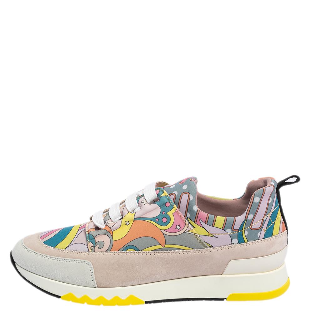 Hermes Multicolor Print Canvas and Suede Stadium Low Top Sneakers Size 37 In Excellent Condition In Dubai, Al Qouz 2