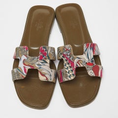 Hermes Multicolor Print Canvas Oran Flat Slides Size 38