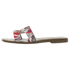 Hermes Multicolor Print Canvas Oran Flat Slides Size 38