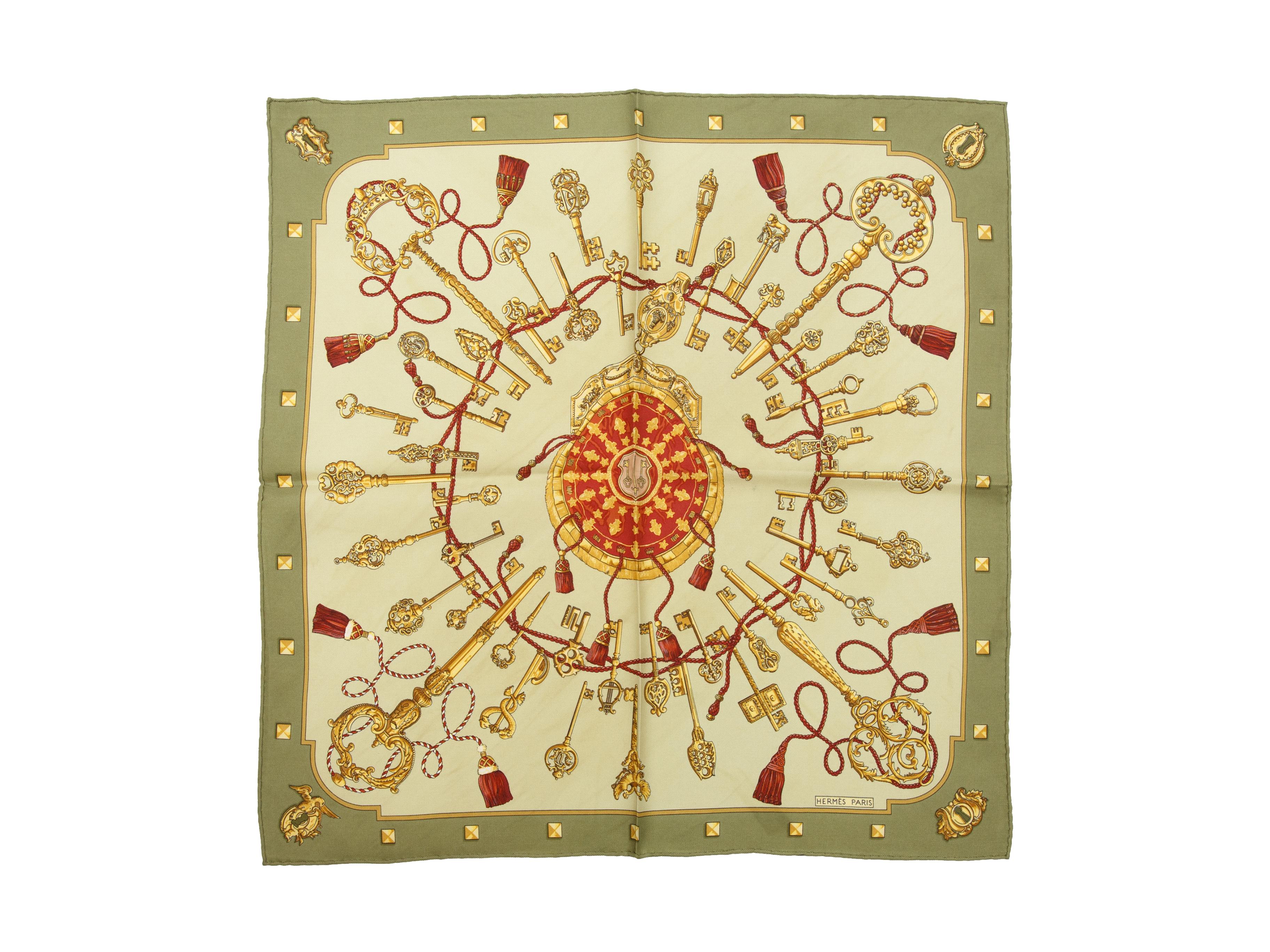 Product details:  Multicolor printed silk scarf by Hermes.  17