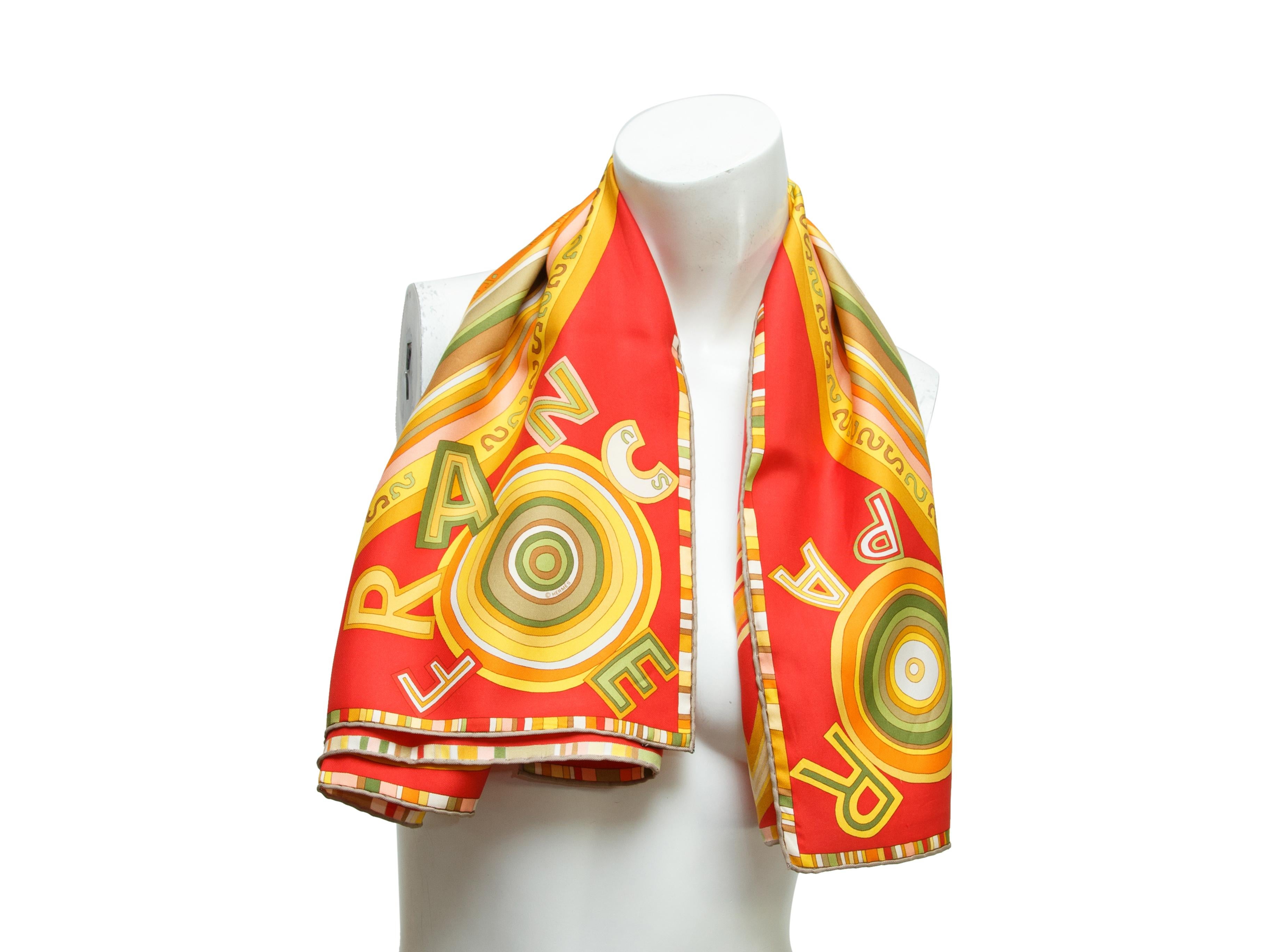Product details:  Multioclor printed silk scarf by Hermes.  35