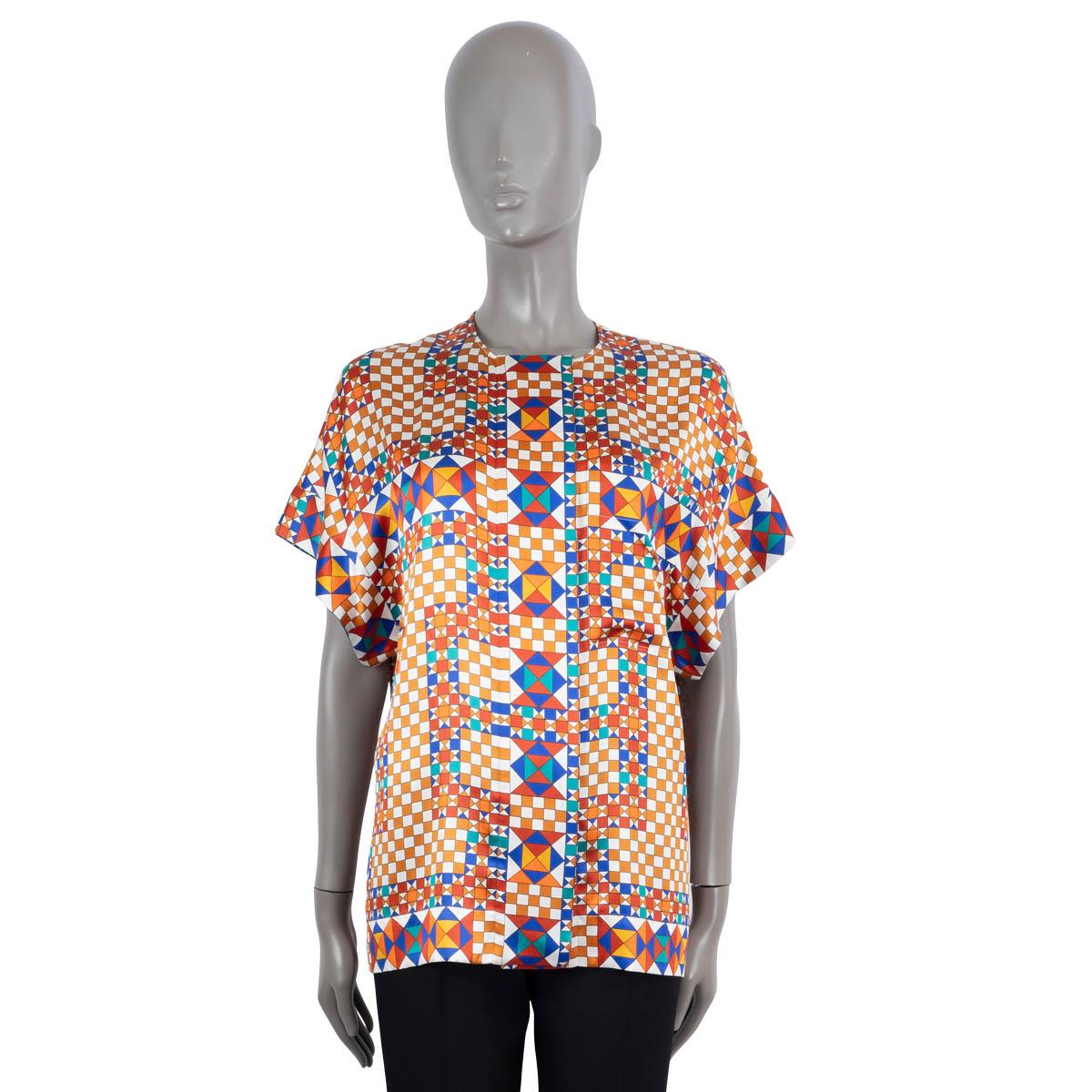 Brown HERMES multicolor silk GEOMETRIC SHORT SLEEVE Blouse Shirt Top 36 XS For Sale