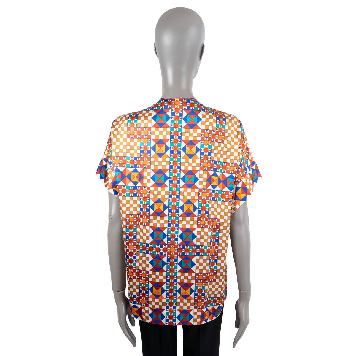 Women's HERMES multicolor silk GEOMETRIC SHORT SLEEVE Blouse Shirt Top 36 XS For Sale