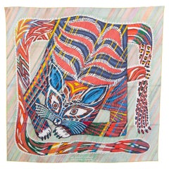 HERMES multicolor silk LE CHAT 90 Twill Scarf Corail Vert Multicolore