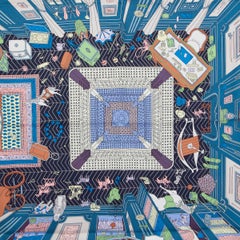 HERMES multicolor silk OBJETS DE CURIOSITE 90 Twill Scarf Bleu Vert Rose