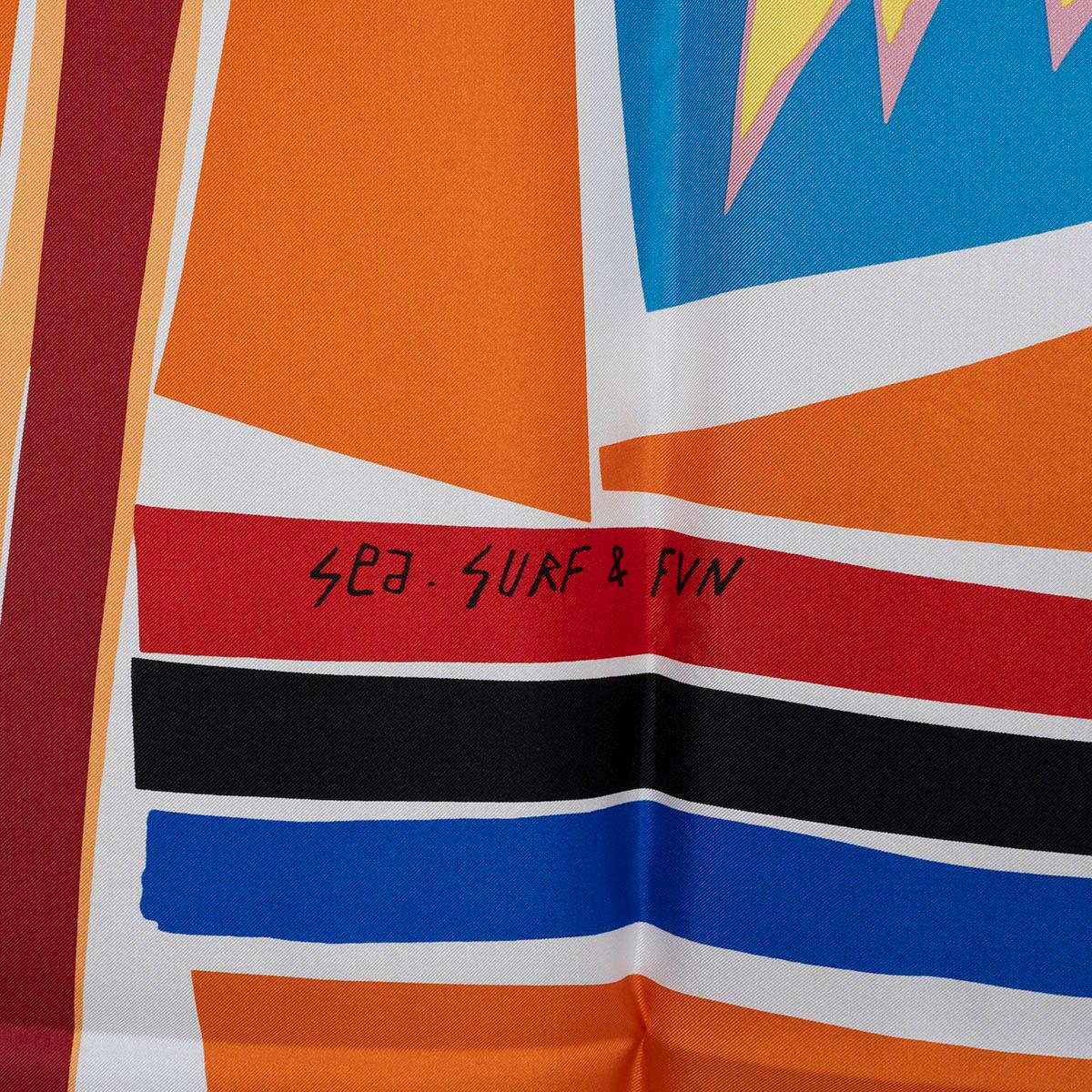 100% authentic Hermès Sea, Surf and Fun 140 scarf by Felipe Jardim in white summer twill silk (100%) with details in orange, blue, yellow and red. Brand new.

Measurements
Model	433161S09
Width	140cm (54.6in)
Height	140cm (54.6in)
The story
