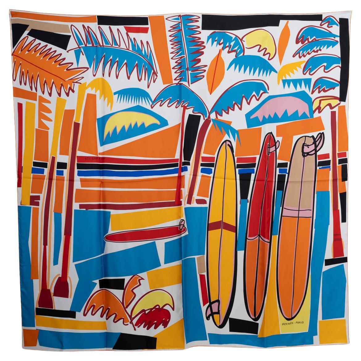 HERMES multicolor silk SEA, SURF & FUN 140 Scarf Blanc Orange Bleu For Sale