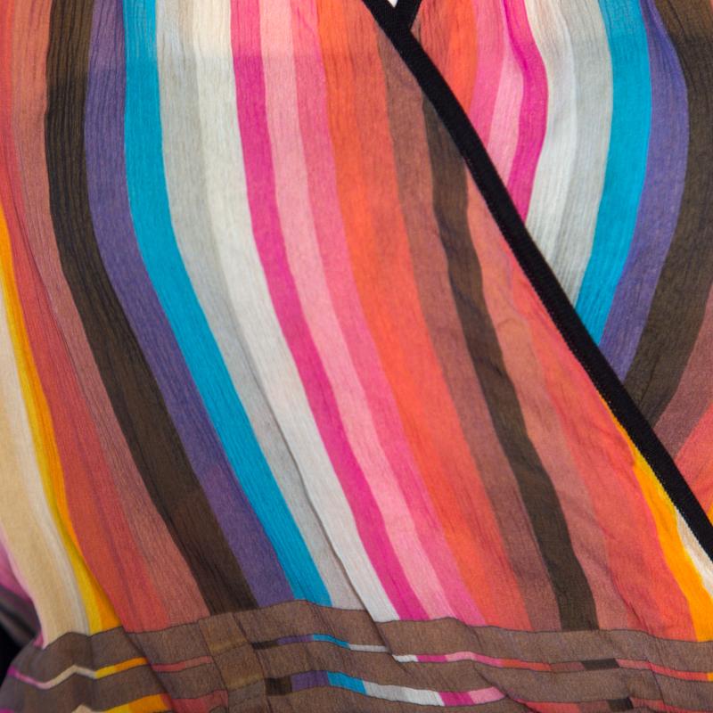 Hermes Multicolor Striped Silk Faux Wrap Front Sleeveless Top M 1
