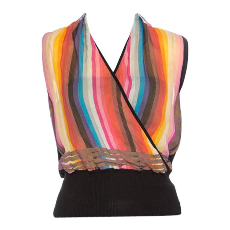 Hermes Multicolor Striped Silk Faux Wrap Front Sleeveless Top M