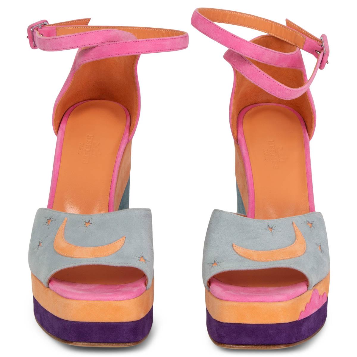 100% authentic Hermès Tournis ankle-strap wedge sandals  in pastel orange, yellow, blue, neon pink and purple suede. Brand new. Come with dust bag. Spring/summer 2019 collection.

Measurements
Imprinted Size	38.5
Shoe Size	38.5
Inside Sole	25cm