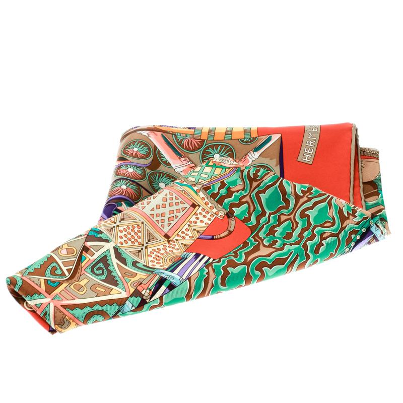 Hermes Multicolor Voyage en Etoffes Printed Silk Square Scarf In Excellent Condition In Dubai, Al Qouz 2