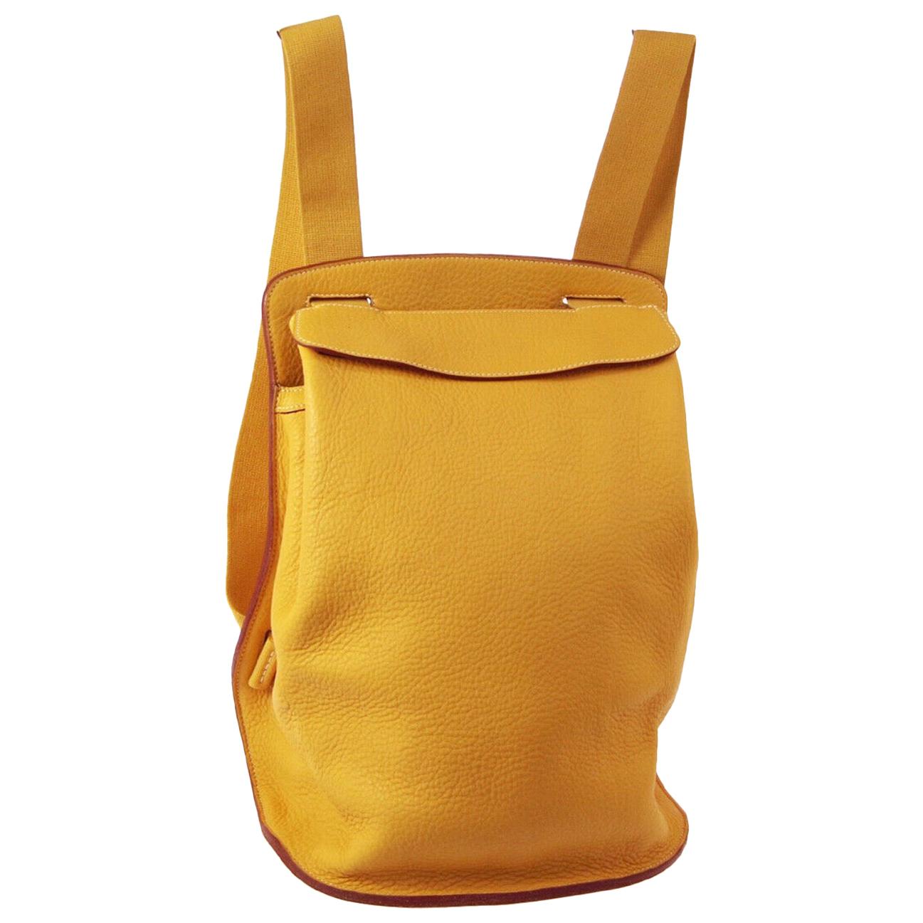 Hermes Mustard Fabric Leather Men's Women's Shoulder Travel Backpack