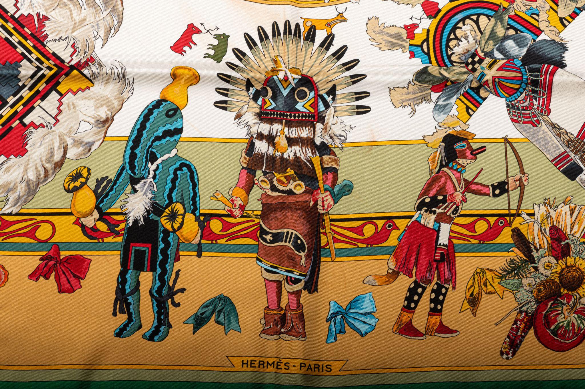 Brown Hermès Mustard Kachinas Silk Scarf For Sale