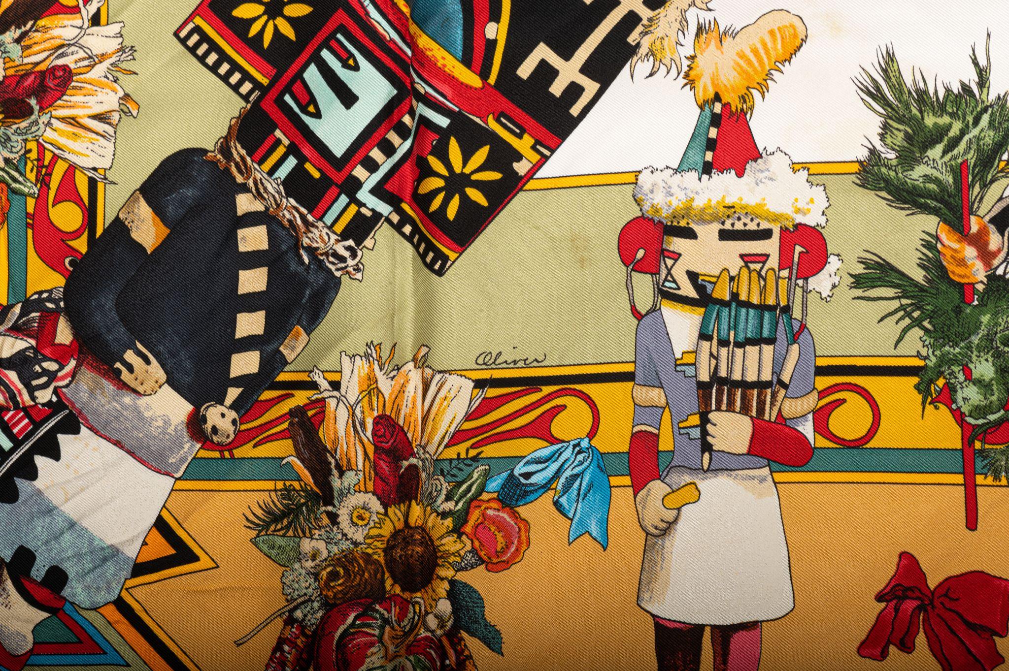 Hermès Mustard Kachinas Silk Scarf In Excellent Condition For Sale In West Hollywood, CA