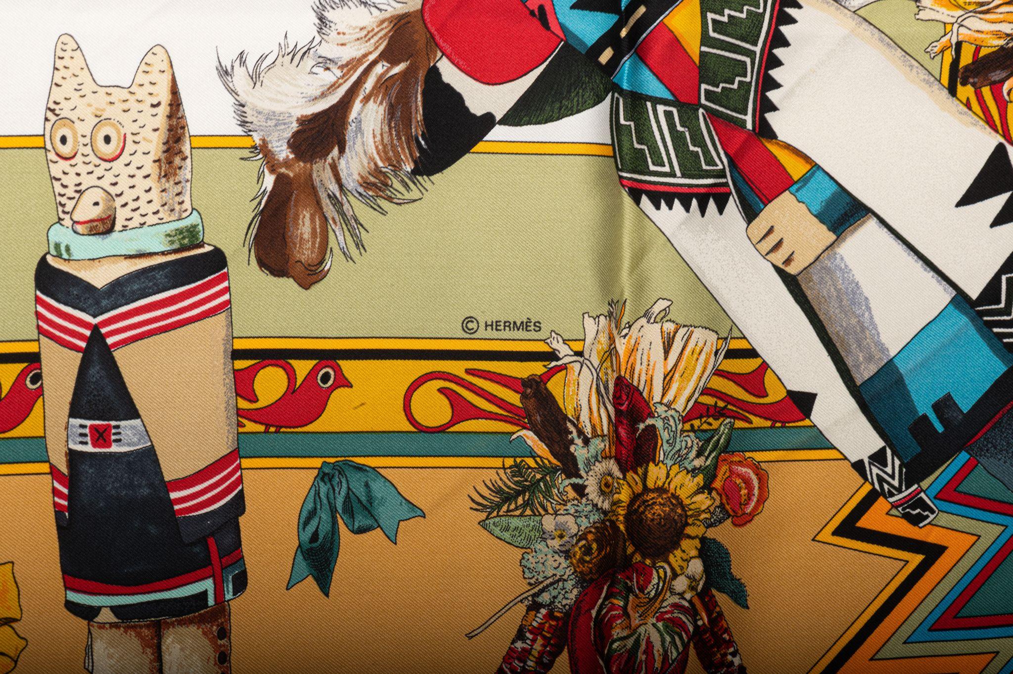 Women's or Men's Hermès Mustard Kachinas Silk Scarf For Sale