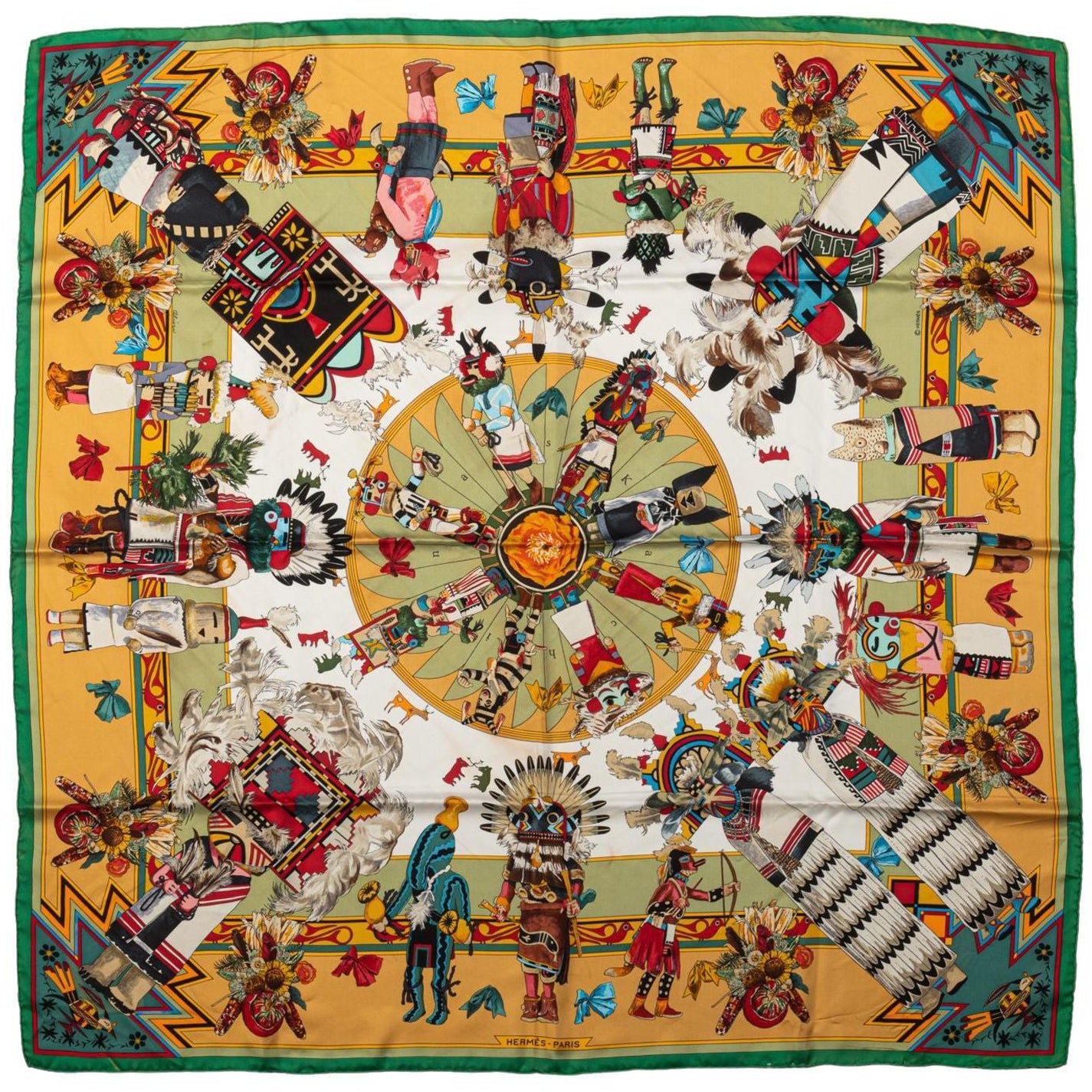 Hermès Mustard Kachinas Silk Scarf