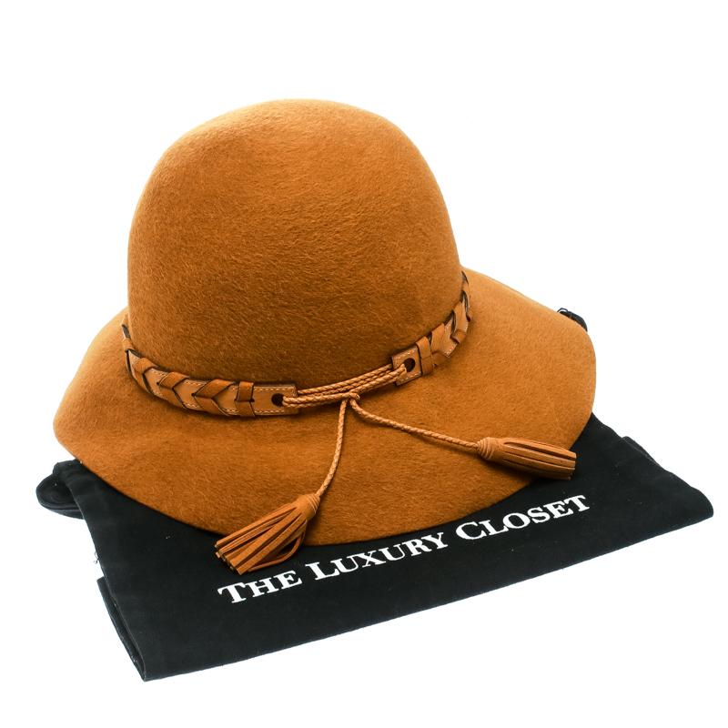 Women's Hermes Mustard Yellow Felt Braided Leather Tassel Trim Fedora Hat Size 57