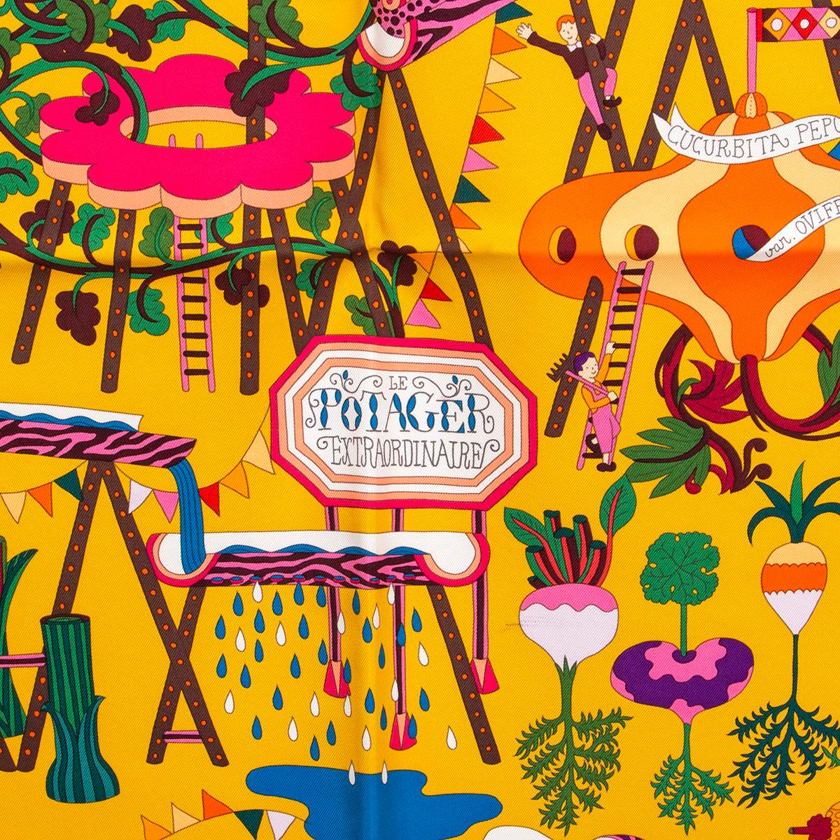 100% authentic Hermès Le potager Extraordinaire 90 by Pierre Marie in mustard silk twill (100%) with contrasting red hem and details in pink, orange, lilac, purple petrol and brown. Has been worn and is in excellent