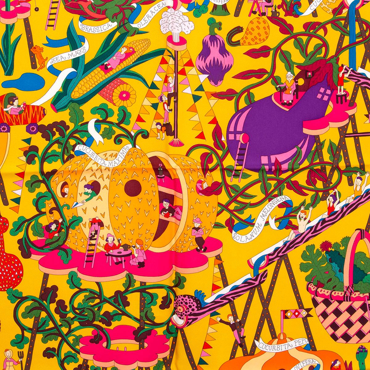 Women's or Men's Hermes mustard yellow LE POTAGER EXTRAORDINAIRE 90 TWILL Scarf silk