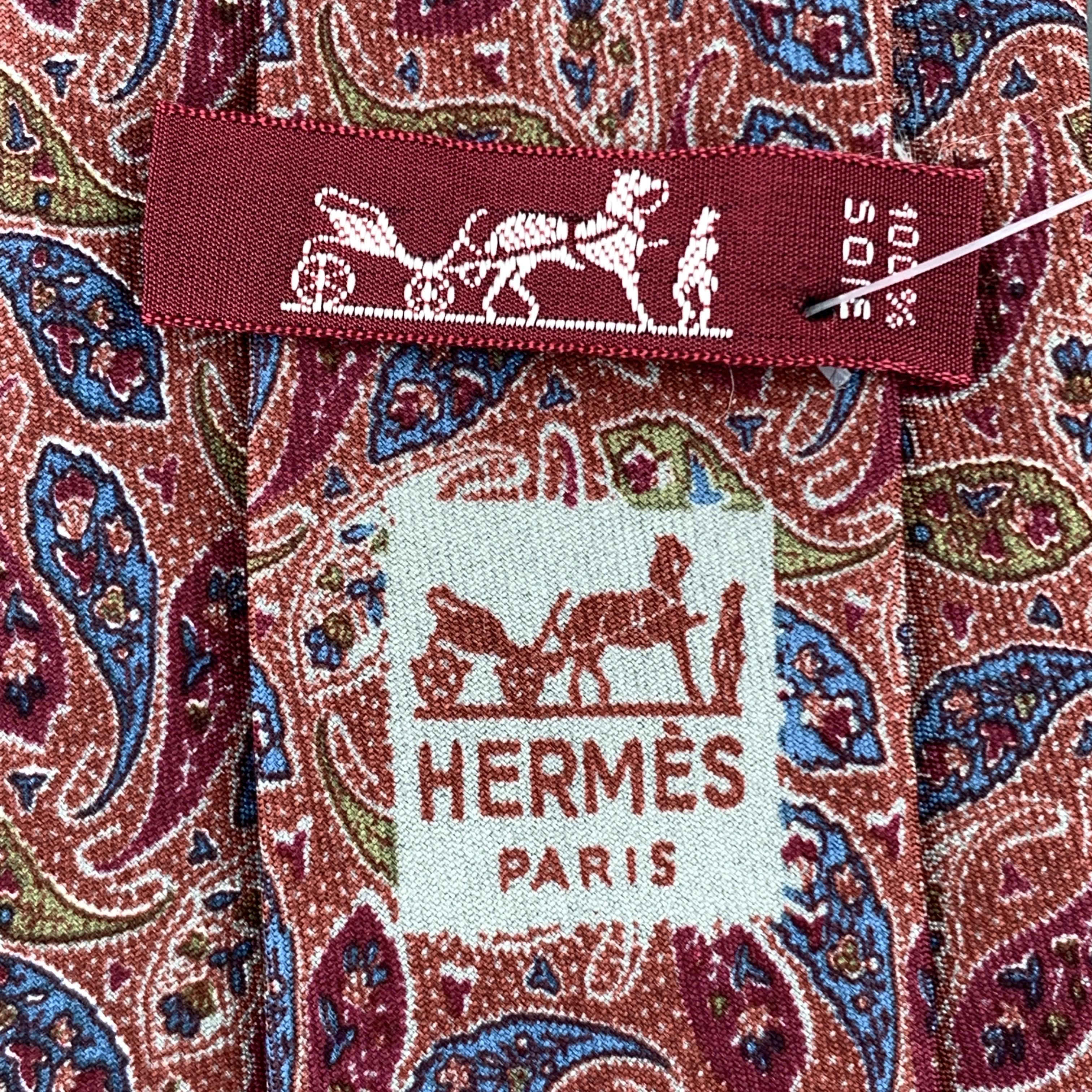 HERMES Muted Brick Red Paisley Print Silk Tie 821 EA In Excellent Condition In San Francisco, CA