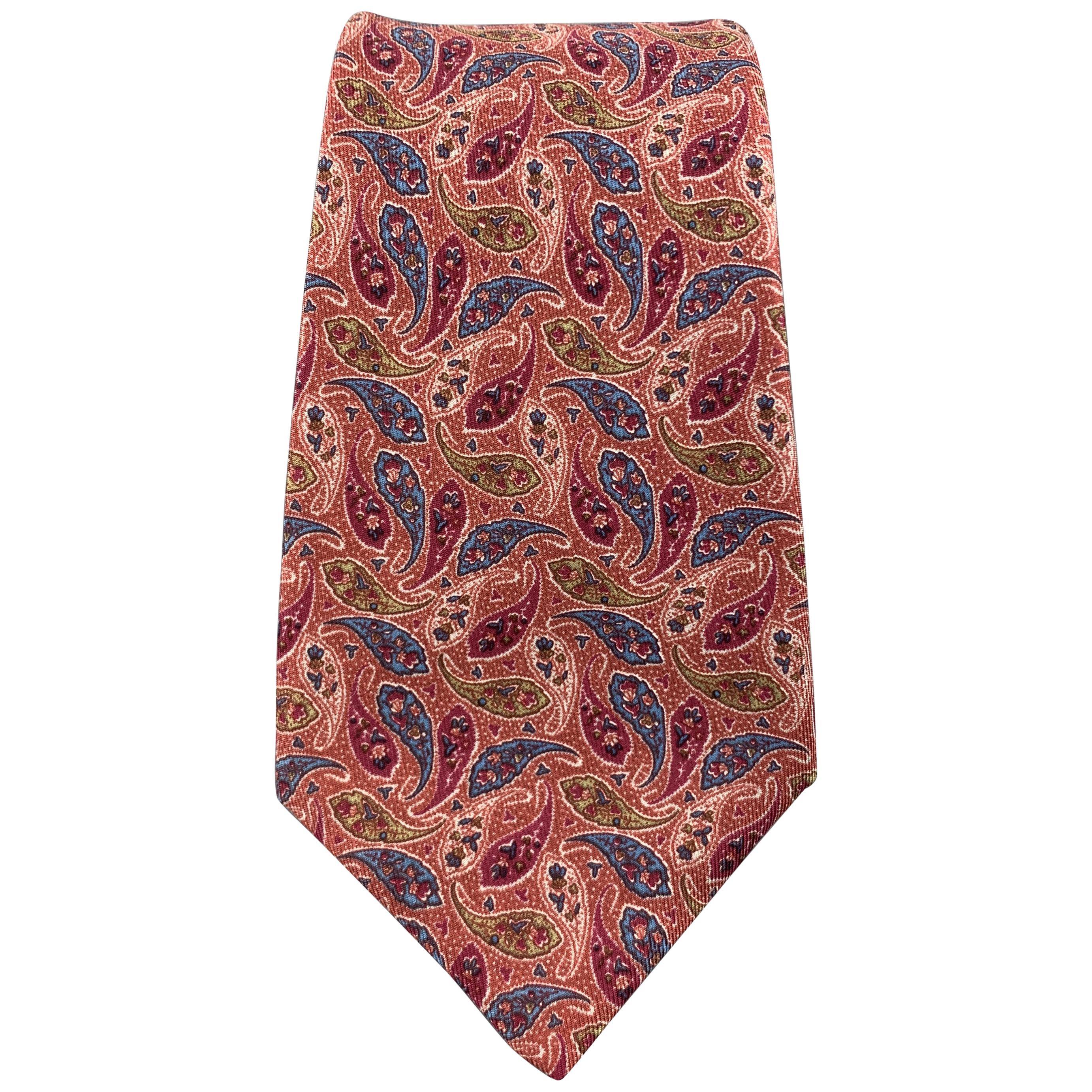 HERMES Muted Brick Red Paisley Print Silk Tie 821 EA