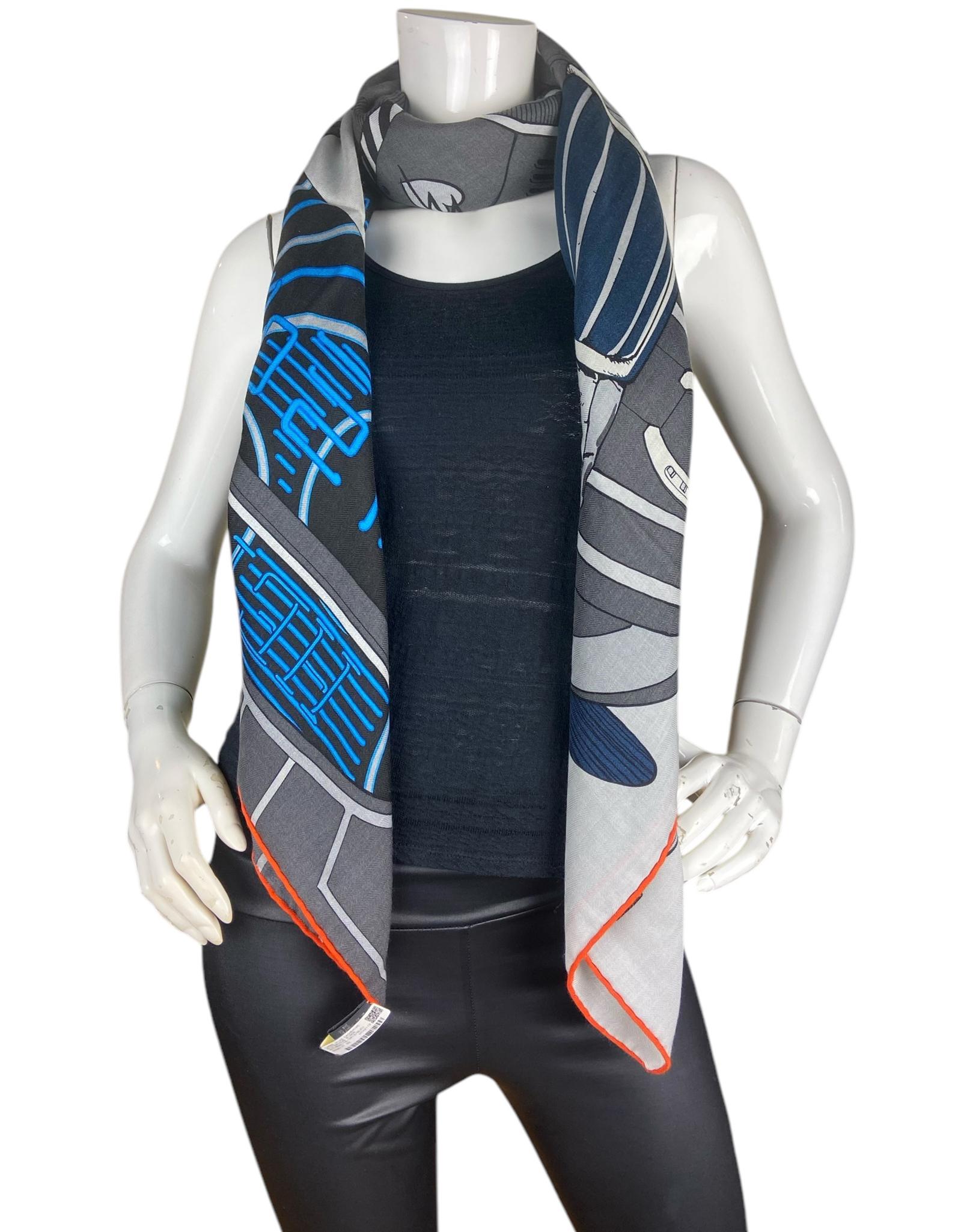 Hermes Mysterious Rider Anthracite/Gris/Bleu 140 Silk/ Cashmere Shawl Scarf. Designed by Viktor Hachmang.  Please note,  this item was purchased at a Hermes sale and the tag is stamped with an 