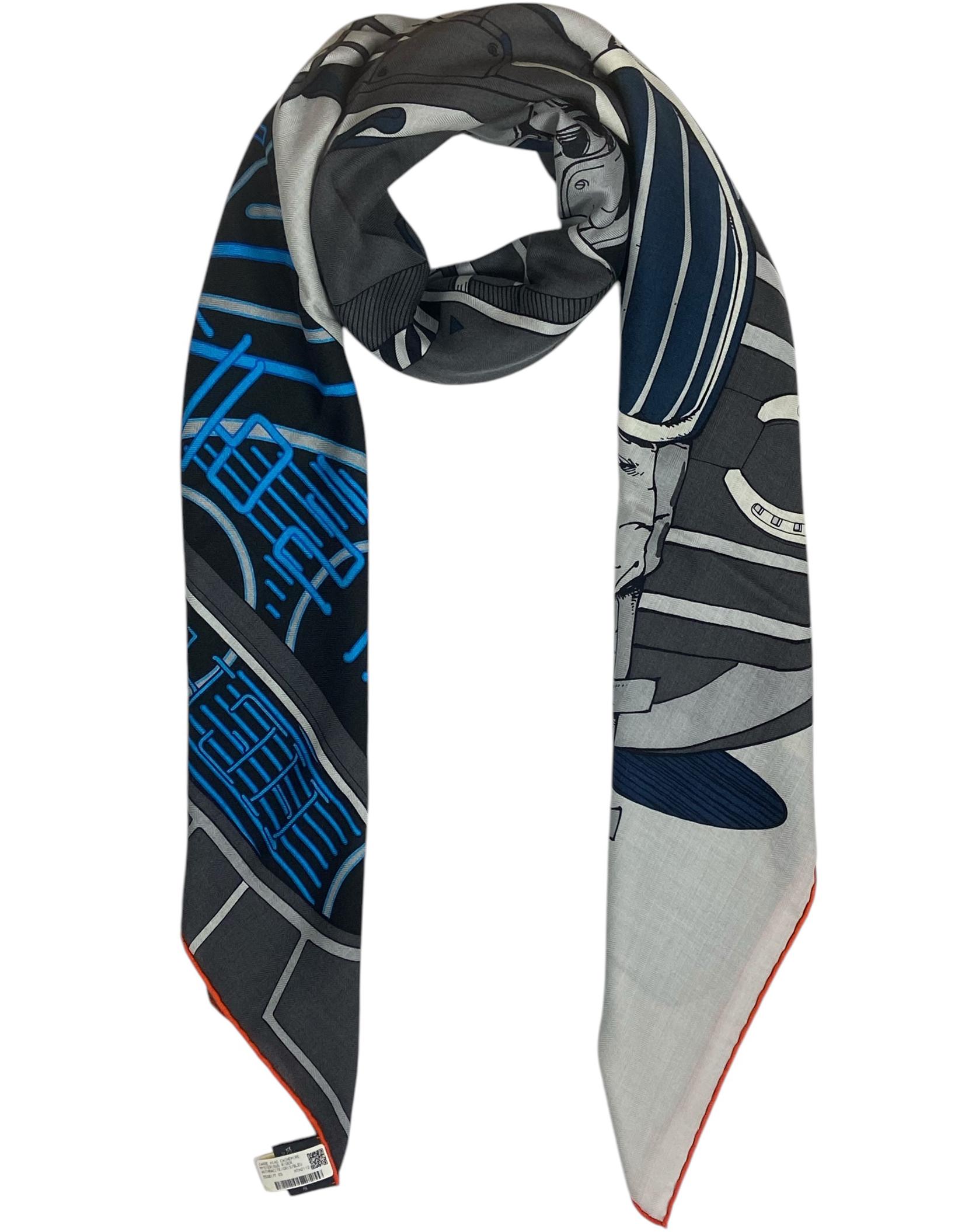 Gray Hermes Mysterious Rider Anthracite/Gris/Bleu 140 Silk/ Cashmere Shawl Scarf