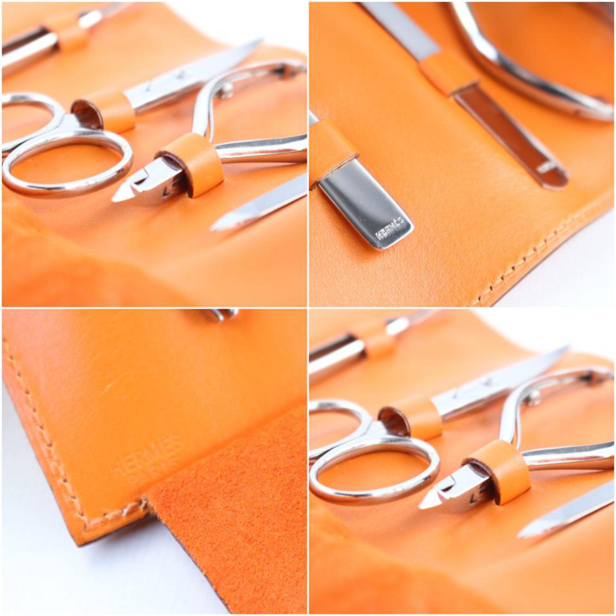 Hermès Nail Care Set 2hr1227 Orange Leather Clutch For Sale 8