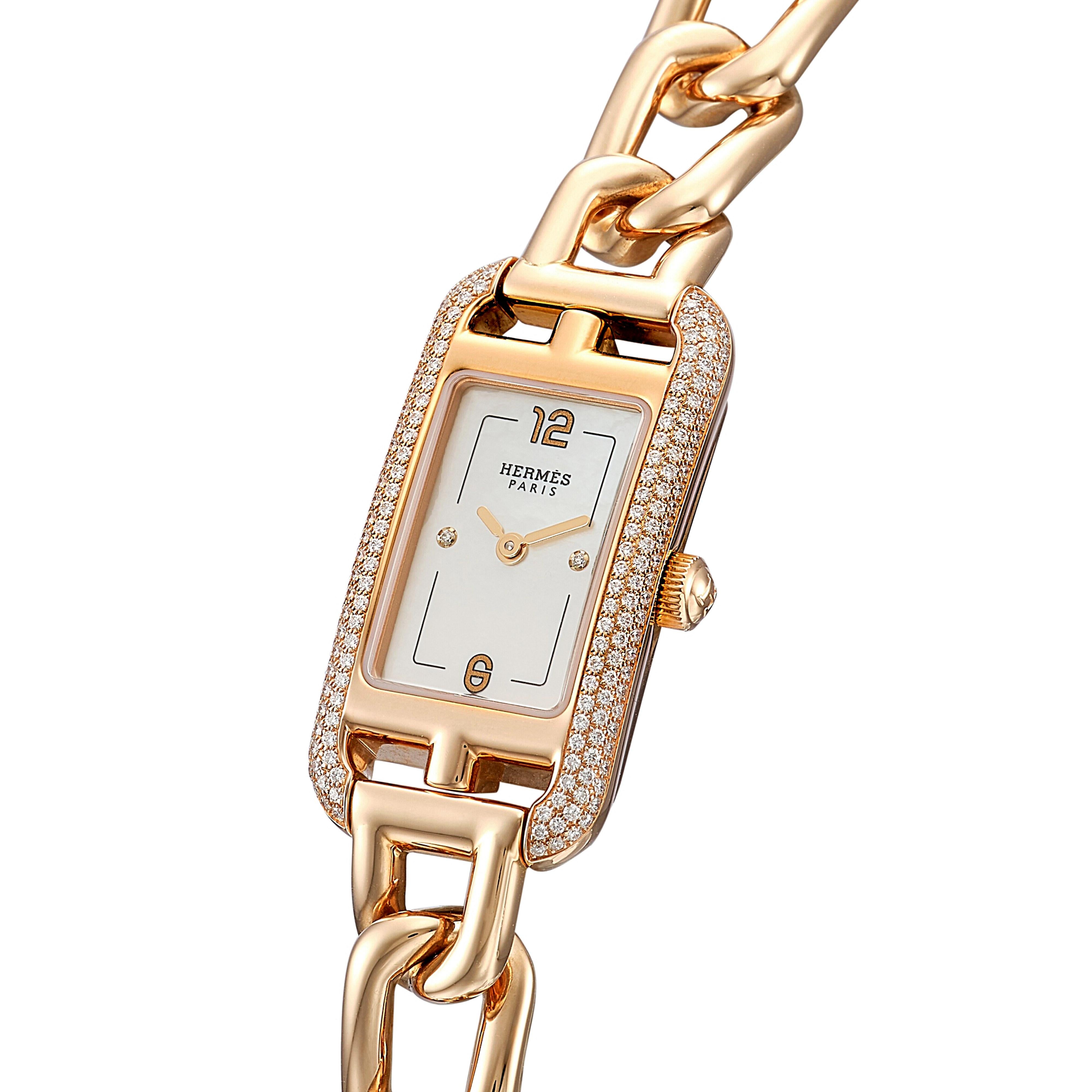 Taglio rotondo Hermes Nantucket Small, orologio in oro rosa 18k con diamanti da 29mm