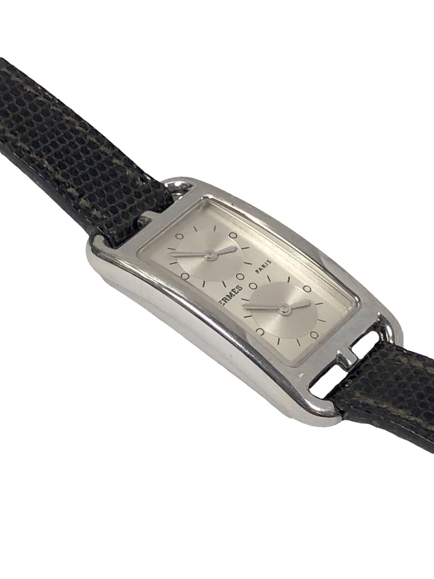 Hermes Nantucket Steel 2 Time Zone Ladies Quartz Wrist Watch In Excellent Condition In Chicago, IL